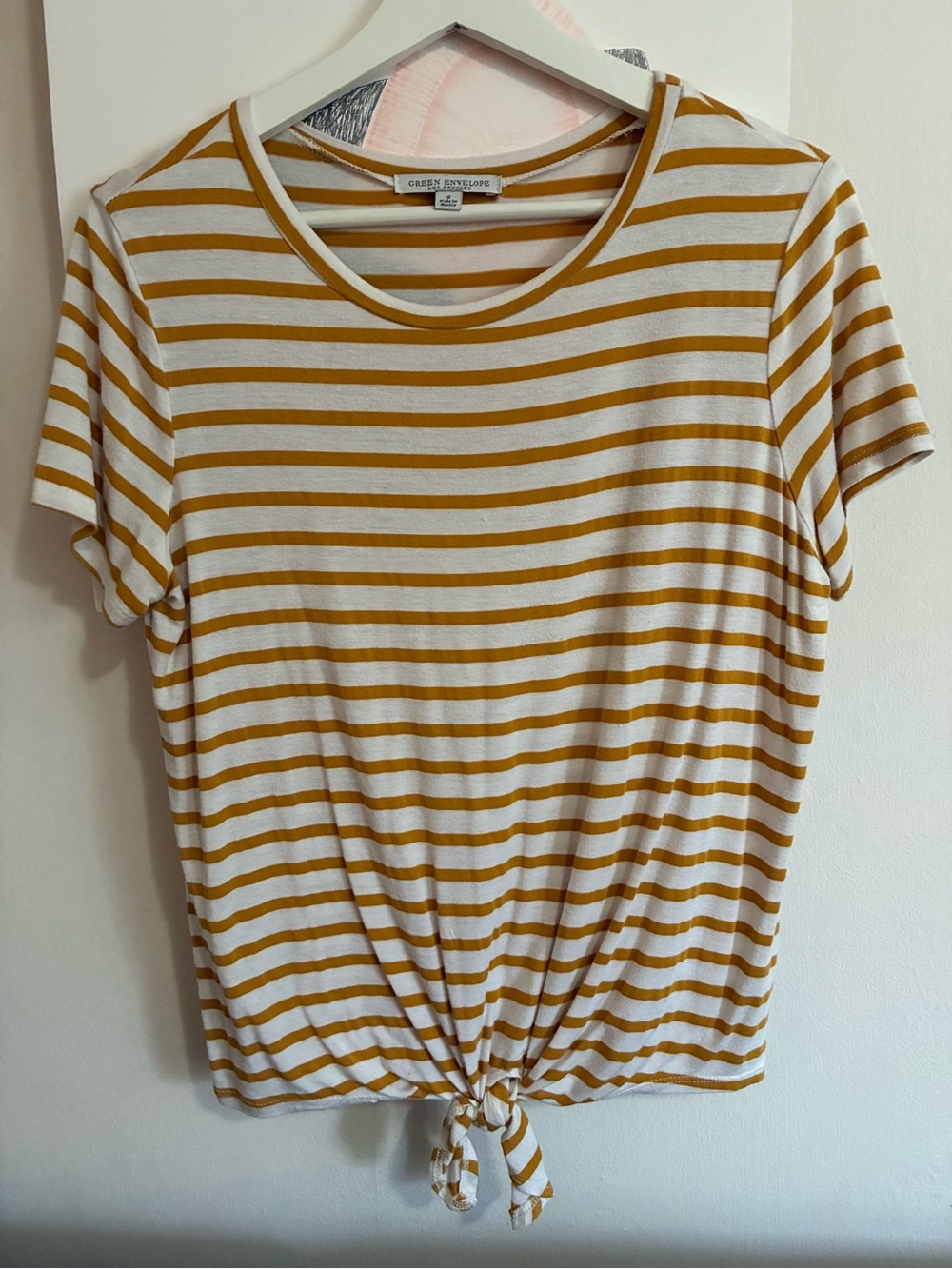 Green Envelope White and Mustard Stripe Tie-Front Short Sleeve Tee